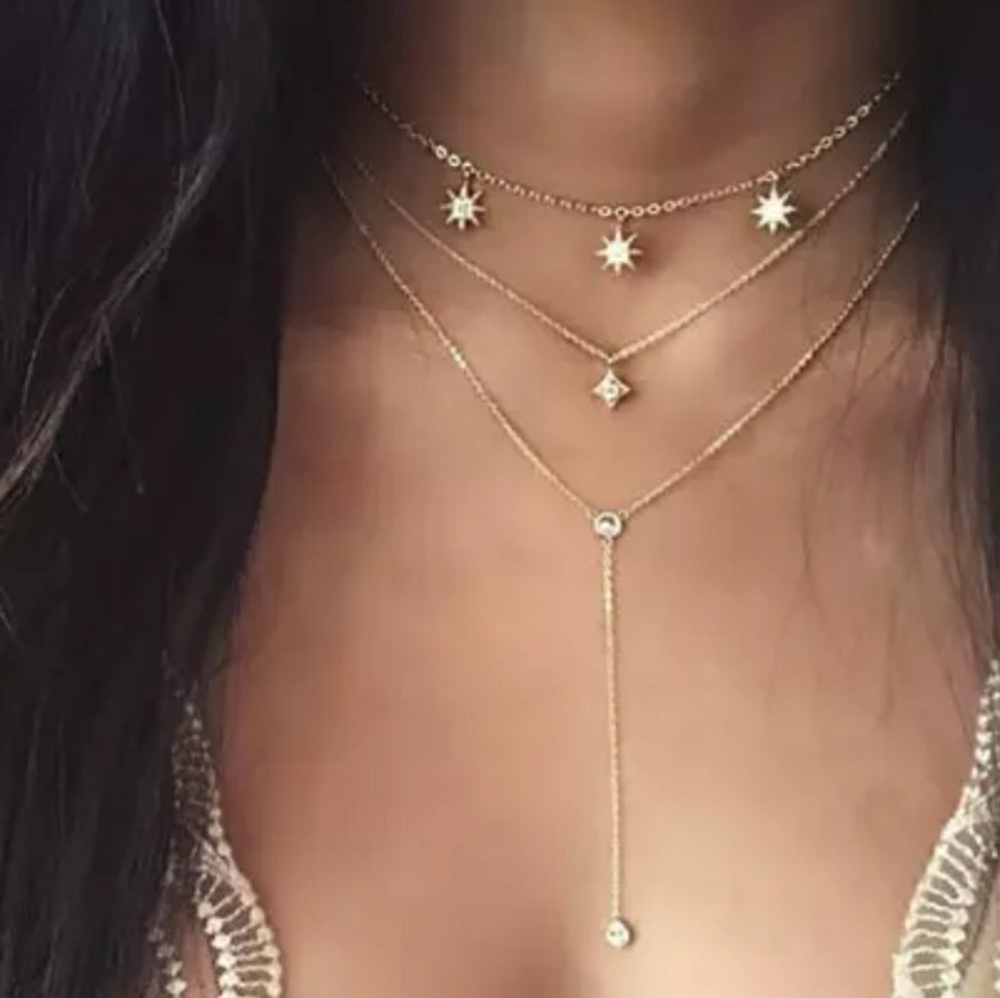 NEW Gold Triple Layer Star Lariat Choker Necklace - Picture 3 of 6